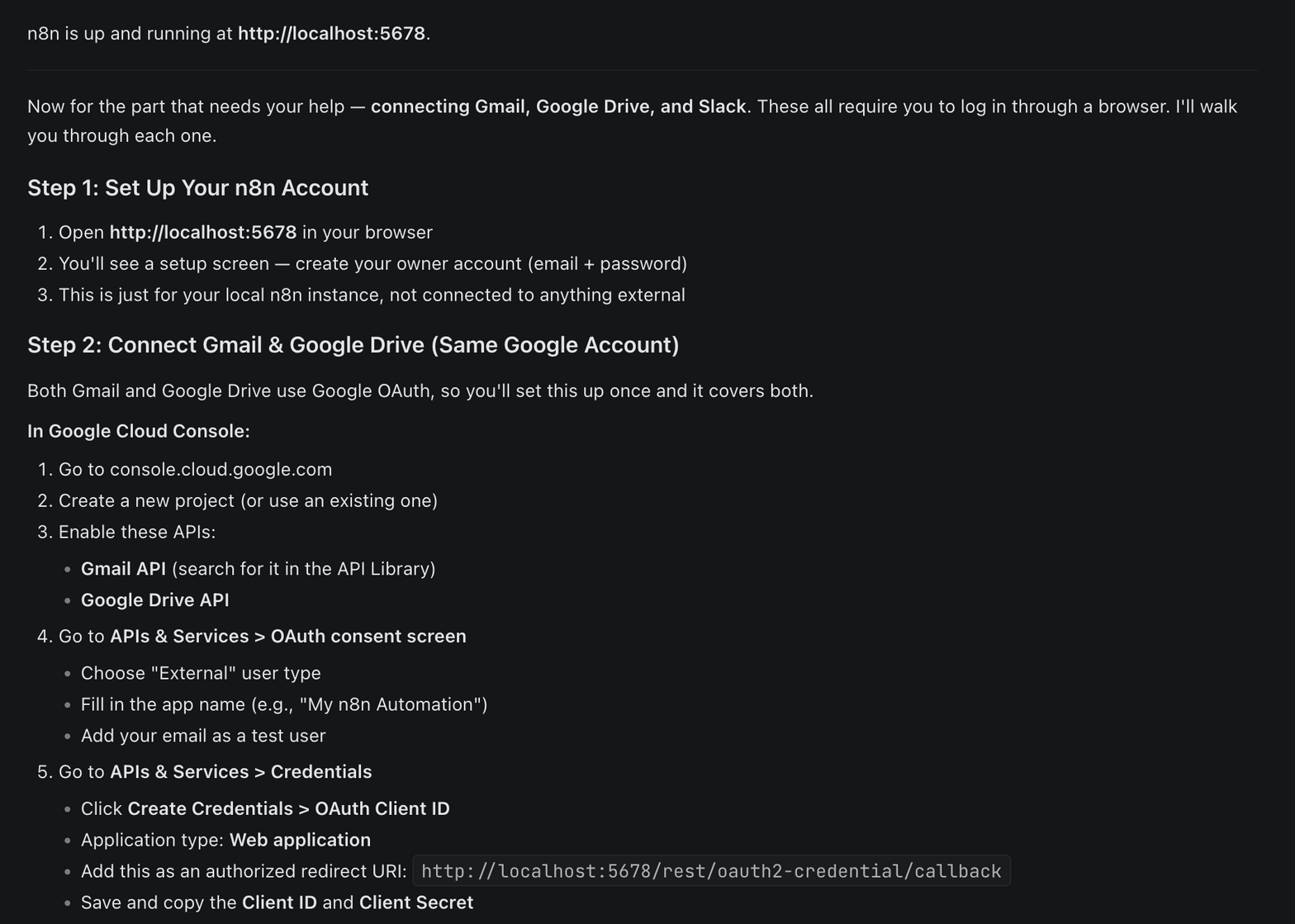 Normies guiding a user through connecting Gmail, Google Drive, and Slack with step-by-step instructions for OAuth setup